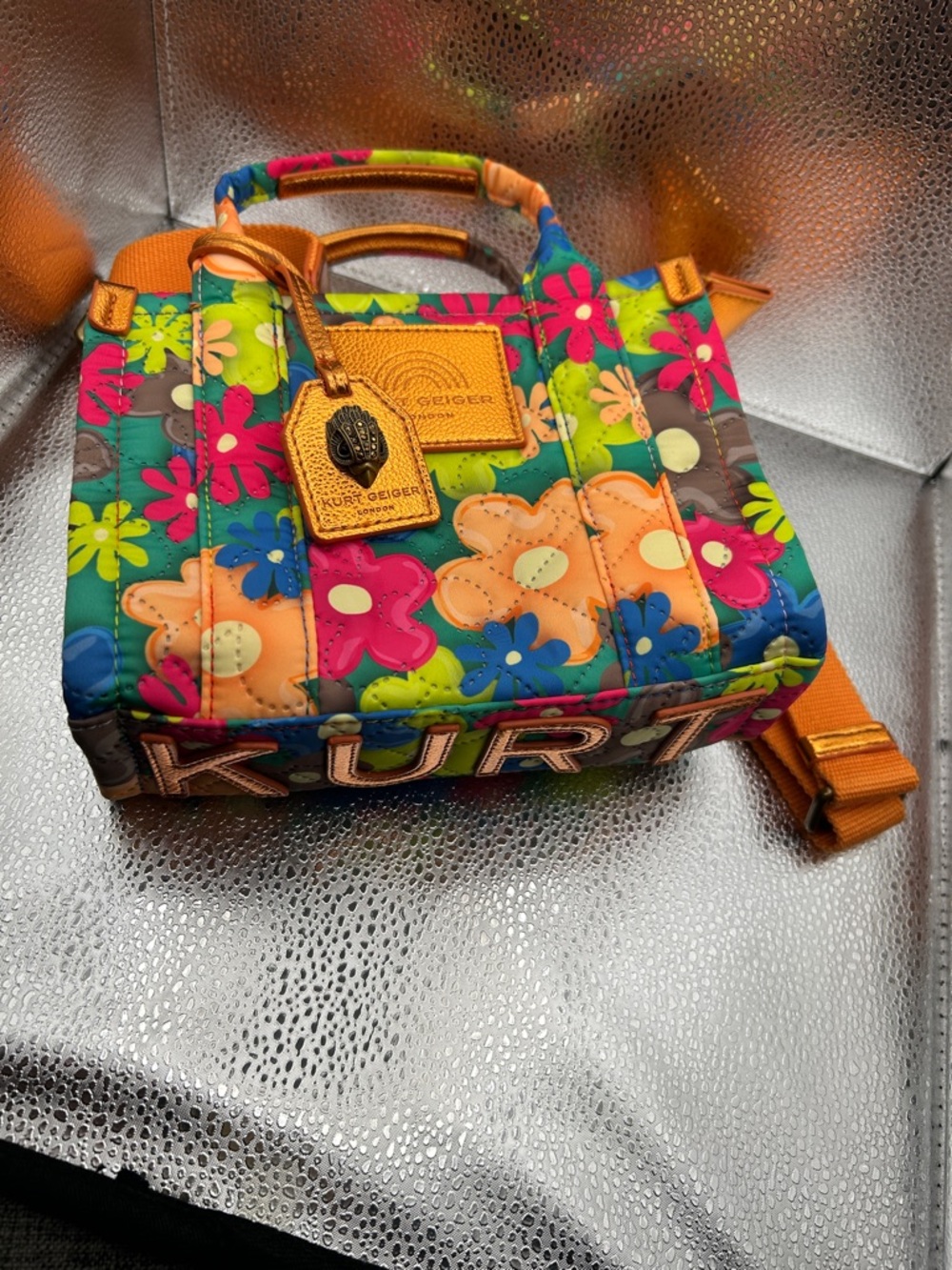 Kurt Geiger Floral Quilted XS Tote in Multicolor with Orange Trim